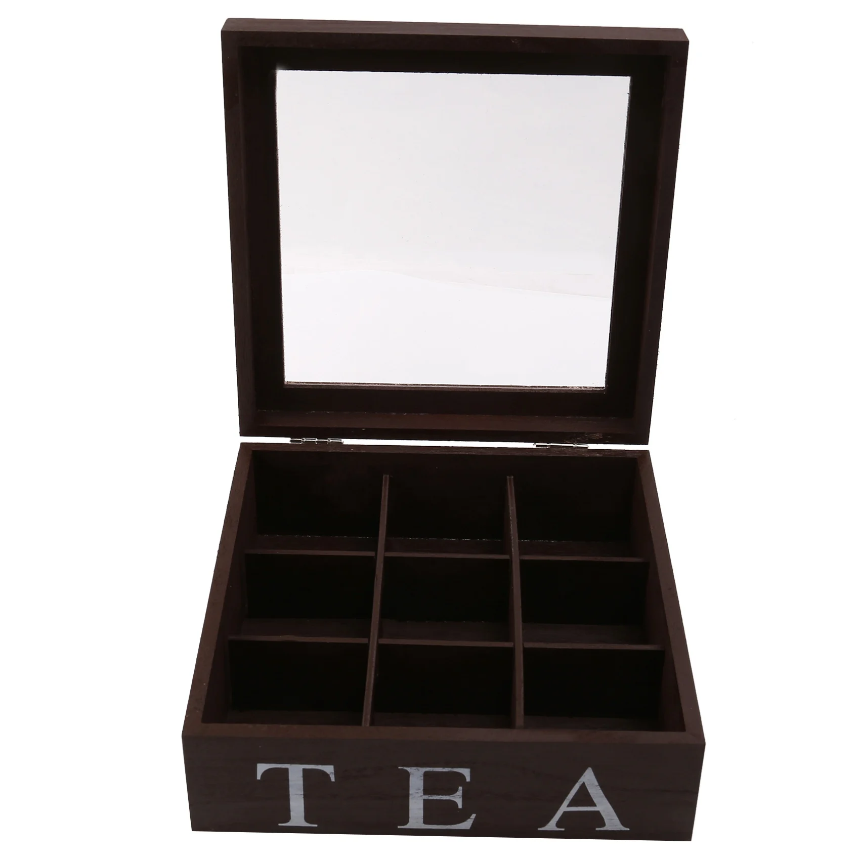 AF95-Wooden 9 Grids Tea Box Tea Bags Container Storage Box Square Gift Box Case Transparent Top Lid Jewelry Storage Box