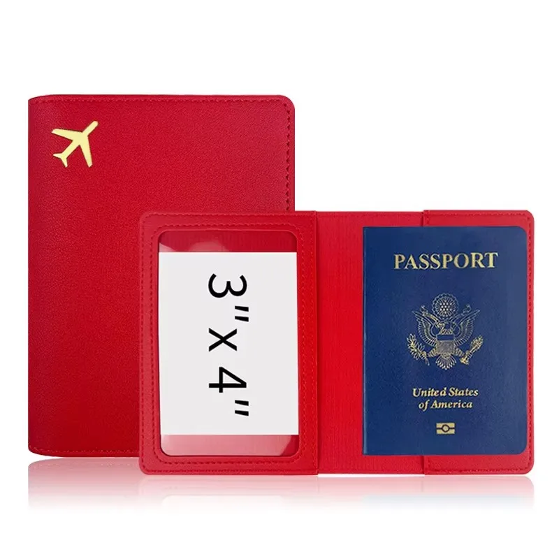 1Pc New PU Leather Passport Holder Gold Airplane Passport Bag Portable Handcrafted Sewing Passport Clip Travel Accessory Cover