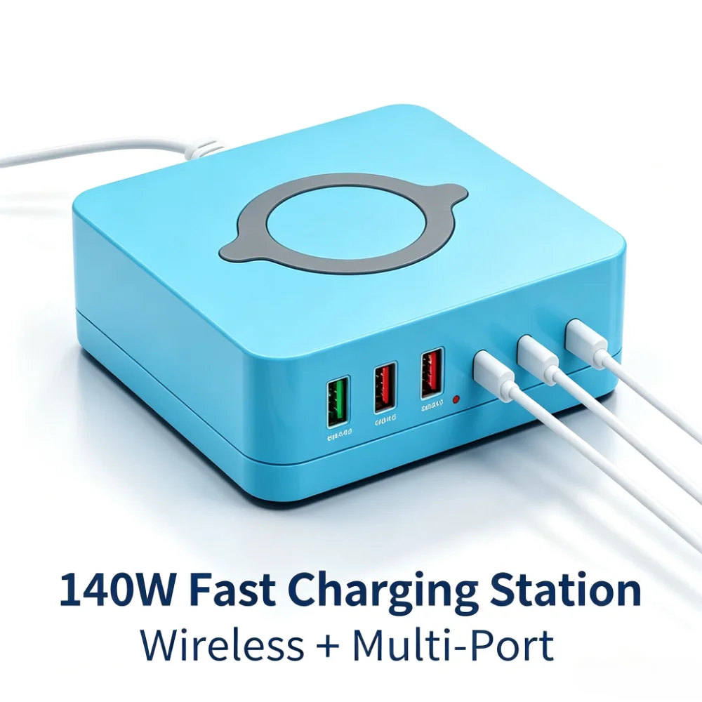 140W Multi‑Port Charging Station, 15W Wireless Fast Charger Hub QC3.0 PD Safety Protection for Phone, Laptop, Tablet Devices