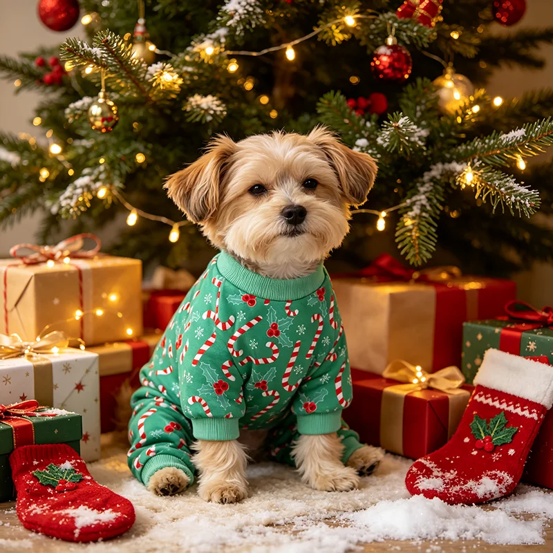 Weihnachtspyjama für Hunde, grüne Zuckerguss-Kleidung für kleine Hunde, Jungen und Mädchen, festliches Haustier-Outfit, Schlafanzug für Hunde, Haustier-Loungewear – Detail 2