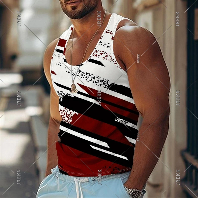 Summer Gym Sport Breathable Tee Top Graffiti Stripe Print Tank Top For Men's Clothes Classic Fashion
