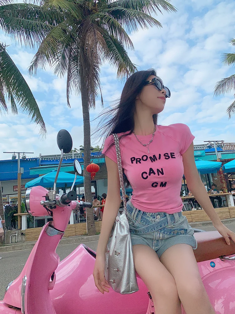 

Aviva on Earth Women's ort Sve T-irt Earth Store Colion Color Printing Summer Pink Dopane Sweet And Spicy Slim F...