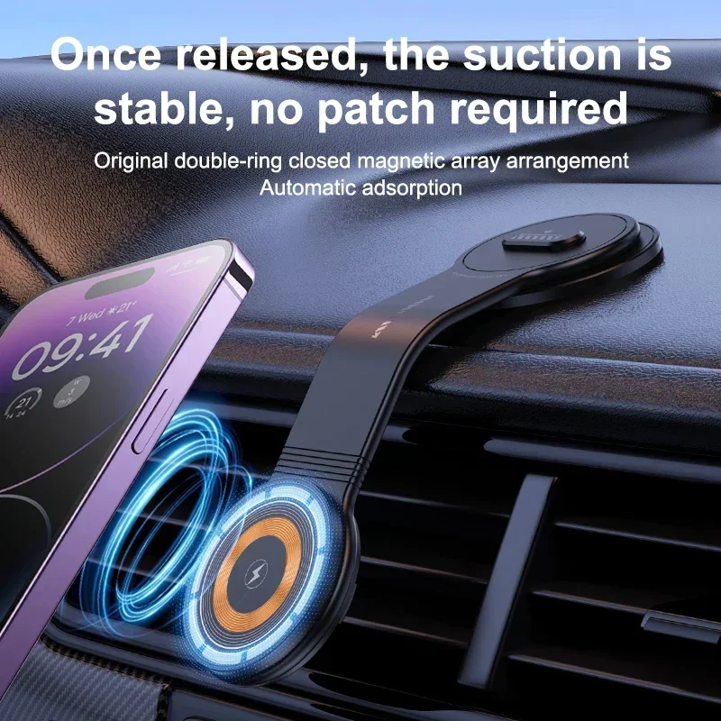 15W Wireless Car Charger Bendable Cell Phone Holder Magnetic Stand in Car Magnets For iPhone 16 15 14 Magsafe Car Mount Charger