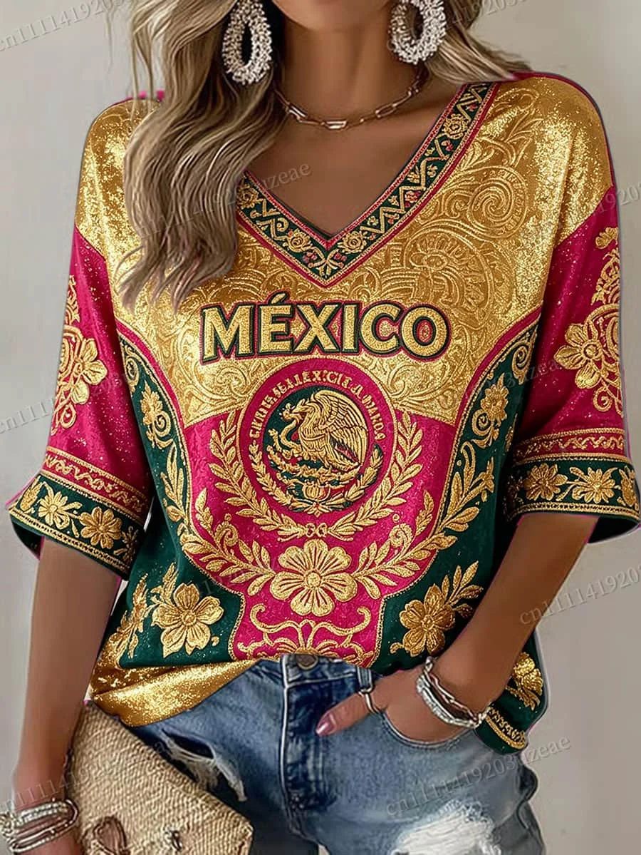 2026 Mexico Football V-Neck T-Shirt Men Women Golden Aztec Eagle Graphic Printed Tops Vintage Mexican Soccer Jersey Cultural Tee