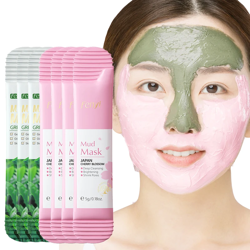 7PCS Green Tea Mud Mask Deep Cleansing Oil Control Moisturizing Facial Mask Reduce Blackheads Acne Smoothing Skin Beauty Care