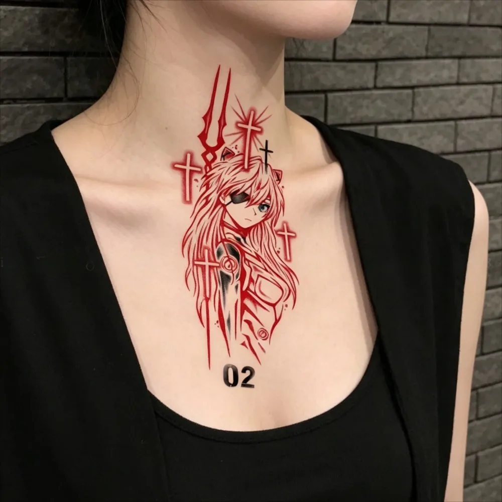 Asuka EVA Temporary Tattoo Stickers, Red Spear Evangelion 02 Fake Waterproof Body Art Tattoo for Women Men Arm Leg Decor