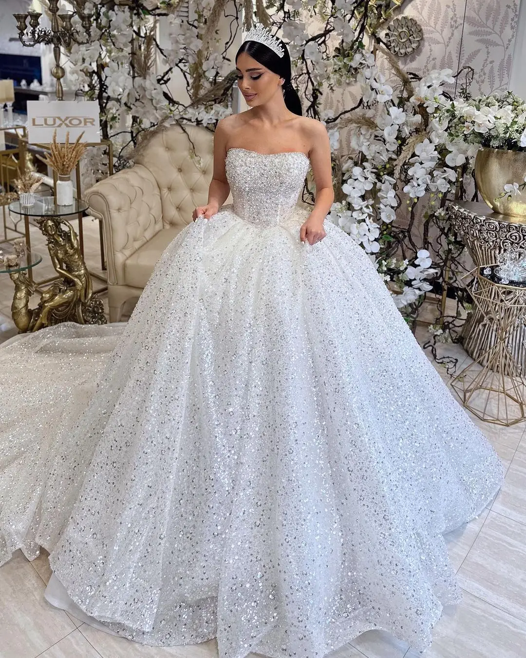 

LORIE Empire Glitter Lace Wedding Dresses Strapless Princess Sequins Pearls Bridal Gown Backless Sparkly Bride Dress Customized