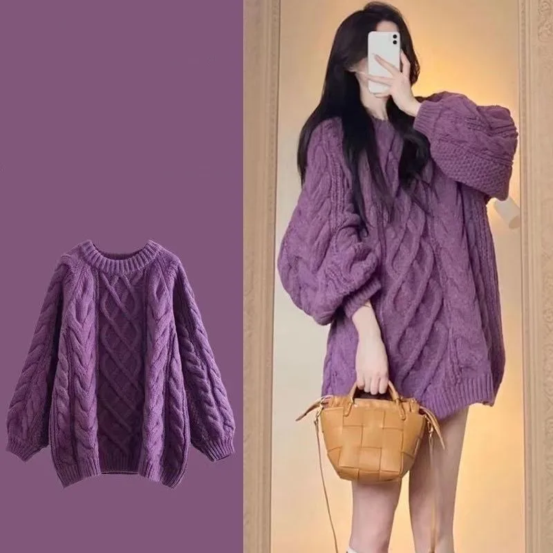 Pullovers women sweater 2026 casual new round-neck twisted knit lantern sleeve spring autumn sweet top women's clothing
