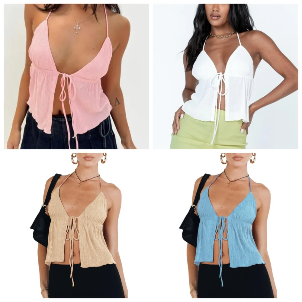 

Women Halterneck Crop Tops Summer Solid Color Bandage Open Front Backless Sleeveless Green Tops Y2k Streetwear Tank Top Women