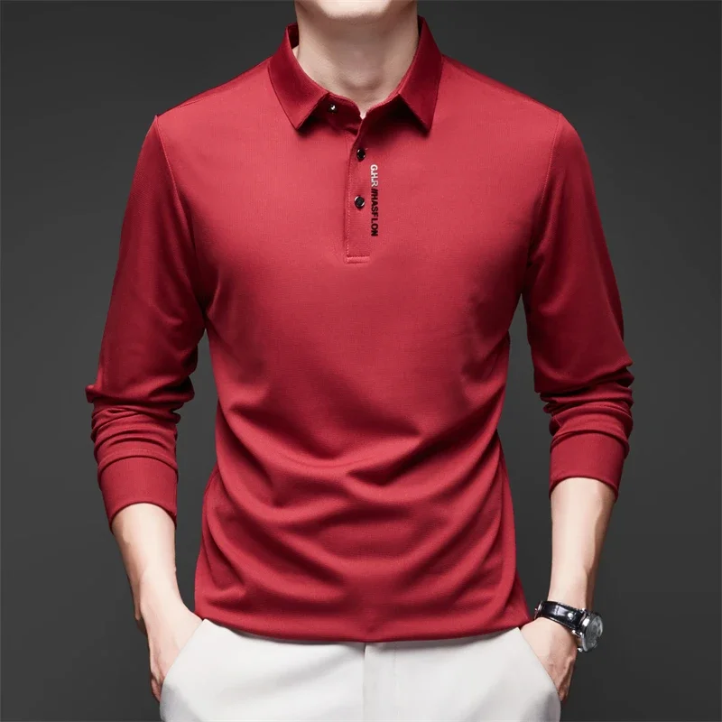 New Men\'s Business Casual Long Sleeved Shirt with Badge Solid Color Polo Shirt Fashionable Breathable Comfortable Versatile Top