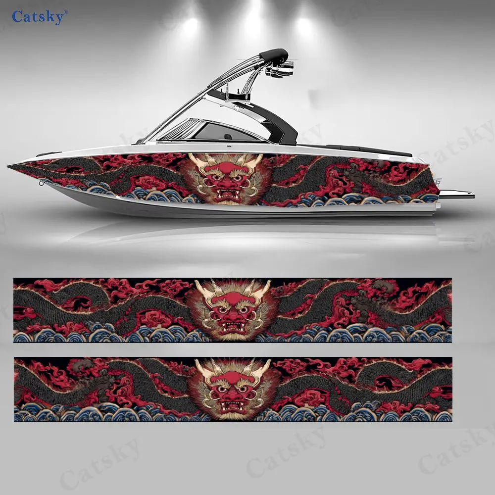 Ukiyo-e Style Red Dragon & Waves Boat Stickers, PVC Waterproof Vinyl Wrap Decals for Fishing Boats, Durable and Stylish Design