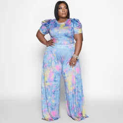 Plus Size Sets L-4XL Casual Tie Dye Printed Two Piece Set Summer Puff Sleeve Top Wide Leg Pants 2 Piece Steetwear Clothings 2023