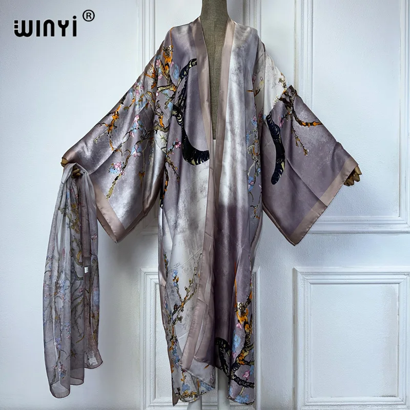 Winyi Kimono Vrouwen Zomer Fashion Print Lange Mouw Vest Vrouw Losse Abaya Casual Strand Cover Up Boho Jurk Met Sjaal