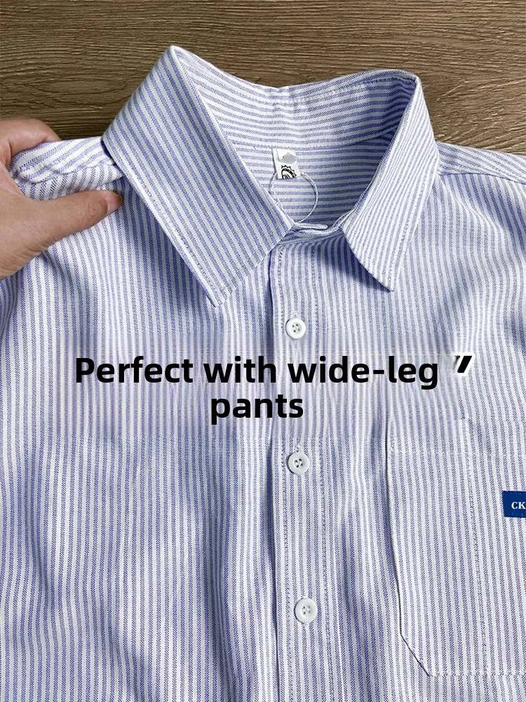 

Blue Striped Women's Shirt Spring Autumn Loose Inner Wear Base Layer Top Casual Style Button Design Long Sleeve Neckline