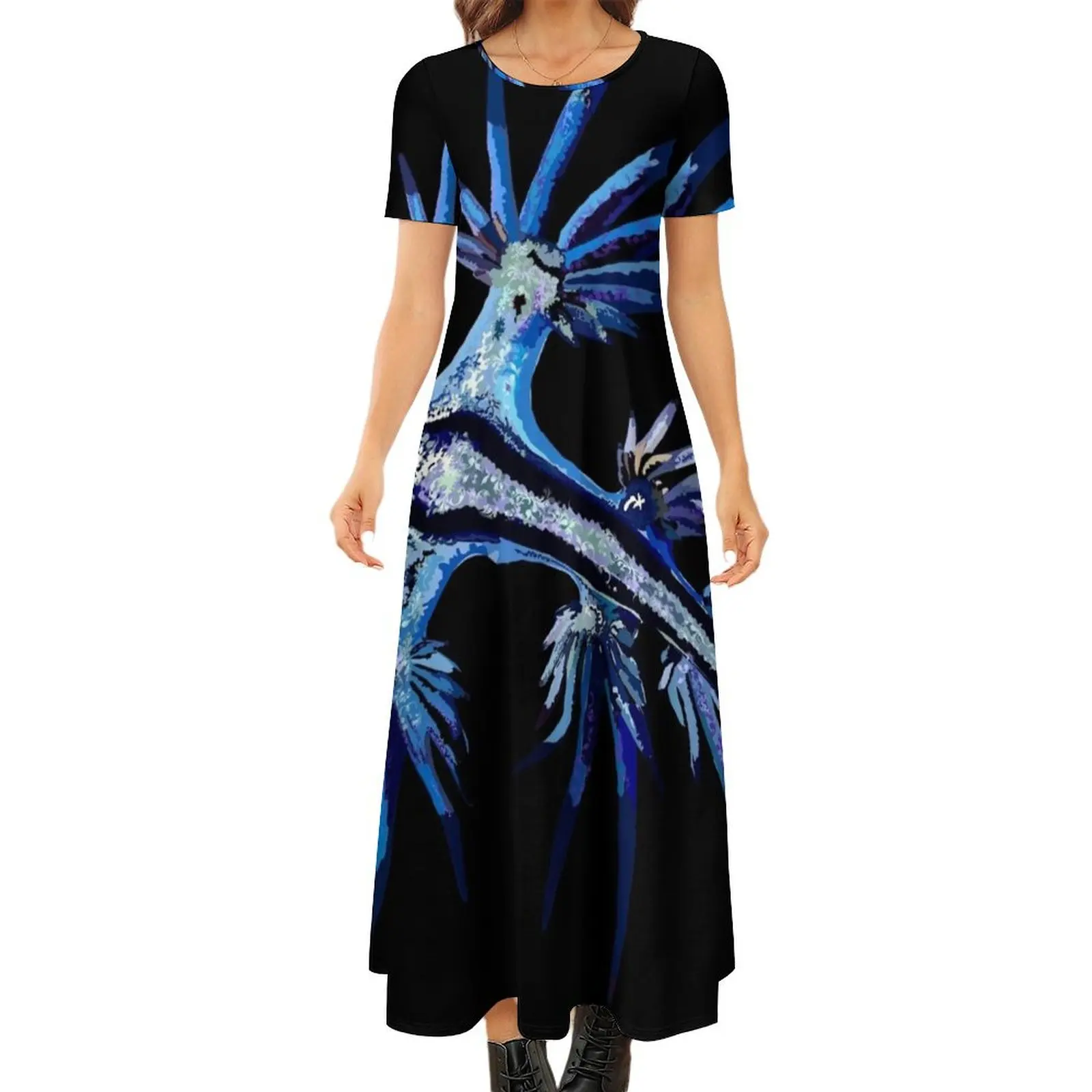 

Blue Nudibranch Round Neck Short Sleeve Dress long dress women summer prom clothes