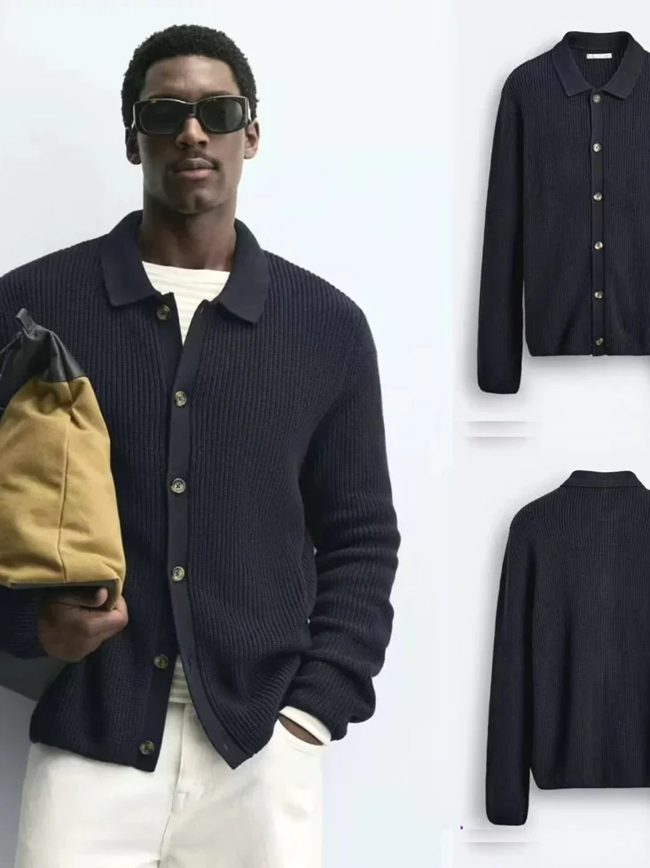 Men's Knitted Cardigan Long Sleeve Sweatshirt Jacket Core-Spun Yarn Loose Fit Soft American Style Casual Breathable Pure Color