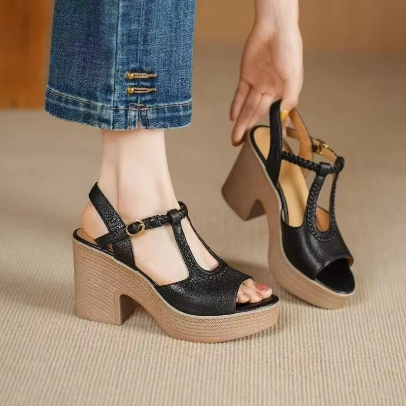 Women PU Leather High Heel Peep Toe Sandals Summer New Thick Sole Hollow Out Fashionable Block Heel Buckle Strap Modern Sandals