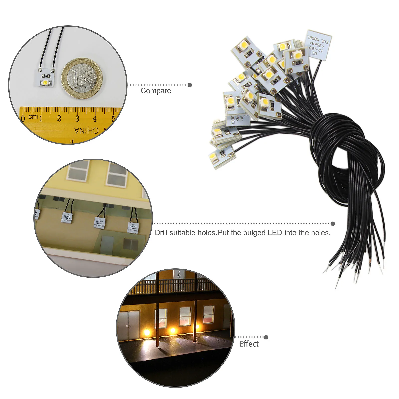 Evemodel DD00 20pcs Pre Wired SMD LED 3528 Light Set 12V Red Yellow Green Blue Purple Warm White Cool White