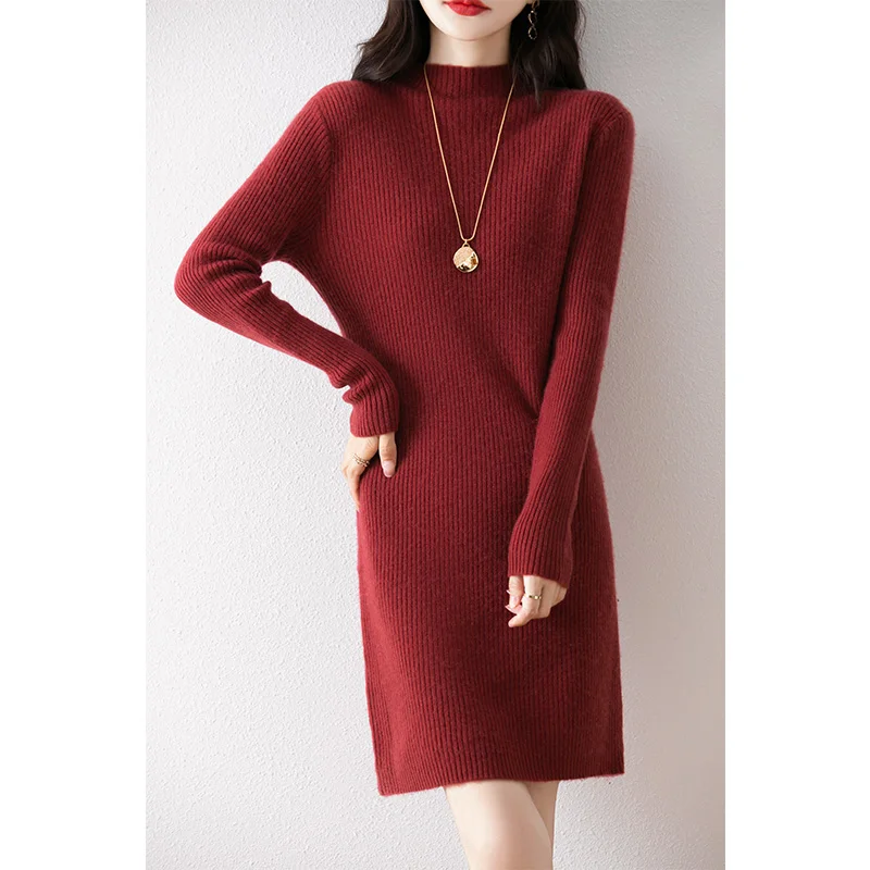 New 100% Merino Wool Knitted Women\'s Dress Hot Selling in Winter Autumn and Winter Women\'s Dress Slimming Long Women\'s Dress
