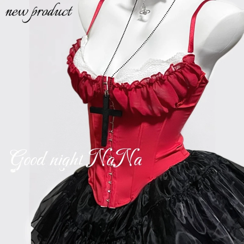 Gothic Punk Black Red Color Splicing Fishbone Women's Top Strap Original Design New Sweet Cute Mesh Puffy Short Skirt Set Ladies