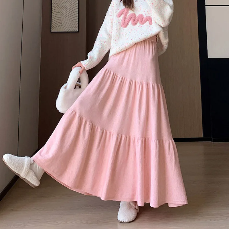 

2025 Новые женские повседневные длинные юбки, однотонные плиссированные юбки трапециевидной формы с большим подолом, женская простая юбка свободного покроя с эластичной резинкой на талии