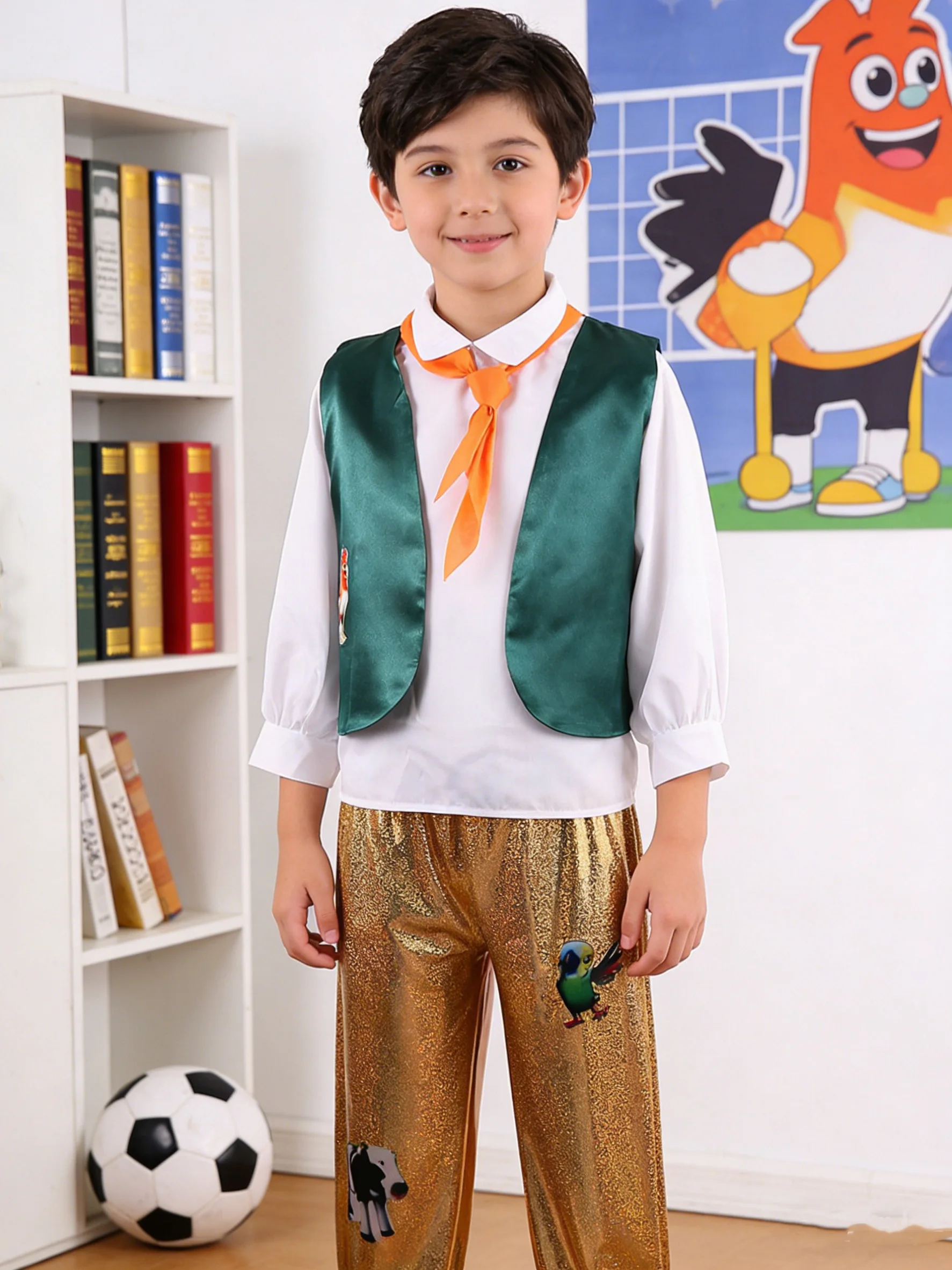 

Комплект одежды для мальчиков: один топ + одна пара брюк + один жилет + один оранжевый шарф, дизайн безрукавки с V-образным вырезом, подходит для Хэллоуина, вечеринок, карнавалов и других праздников.