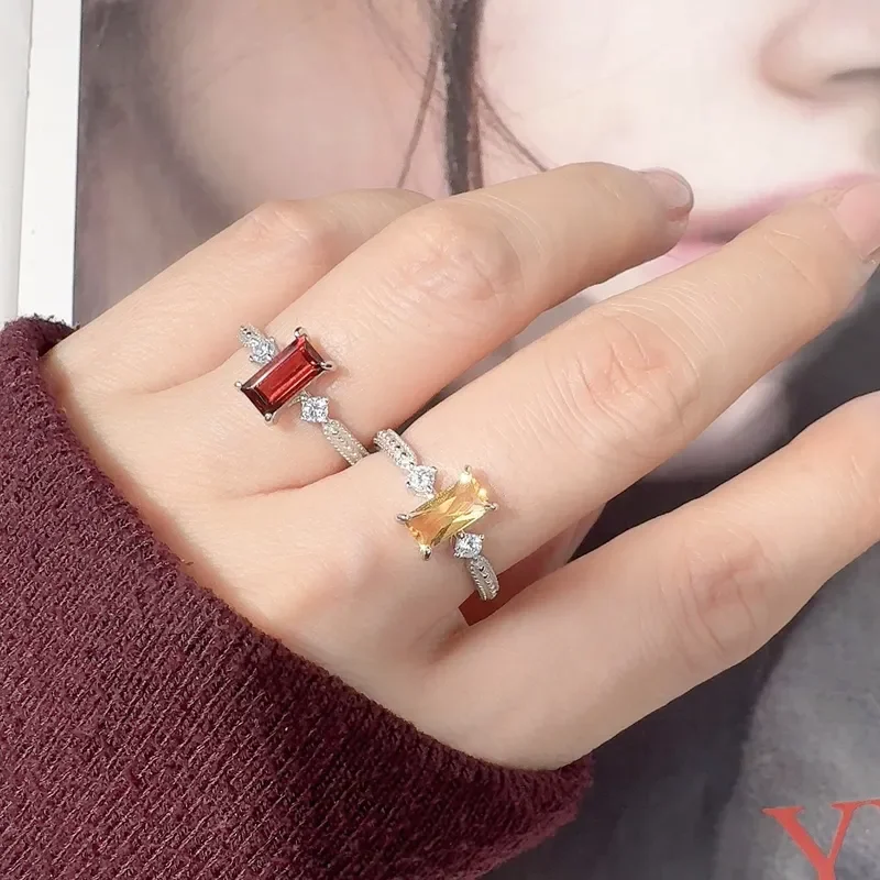 S925 sterling silver natural garnet citrine sugar cube colored treasure ring light luxury high-end index finger ring factory
