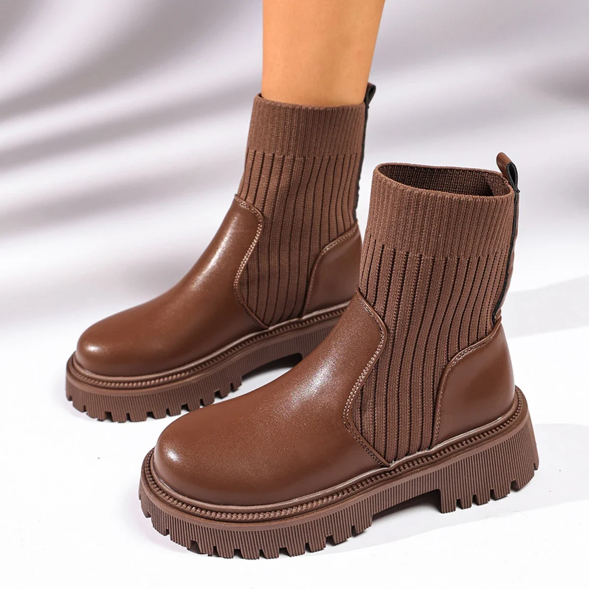Autumn Winter Fashion Knit Sock Boots Women Chunky Platform Slip On Low Heels Short Booties Ladies Black Patchwork Ankle Boots