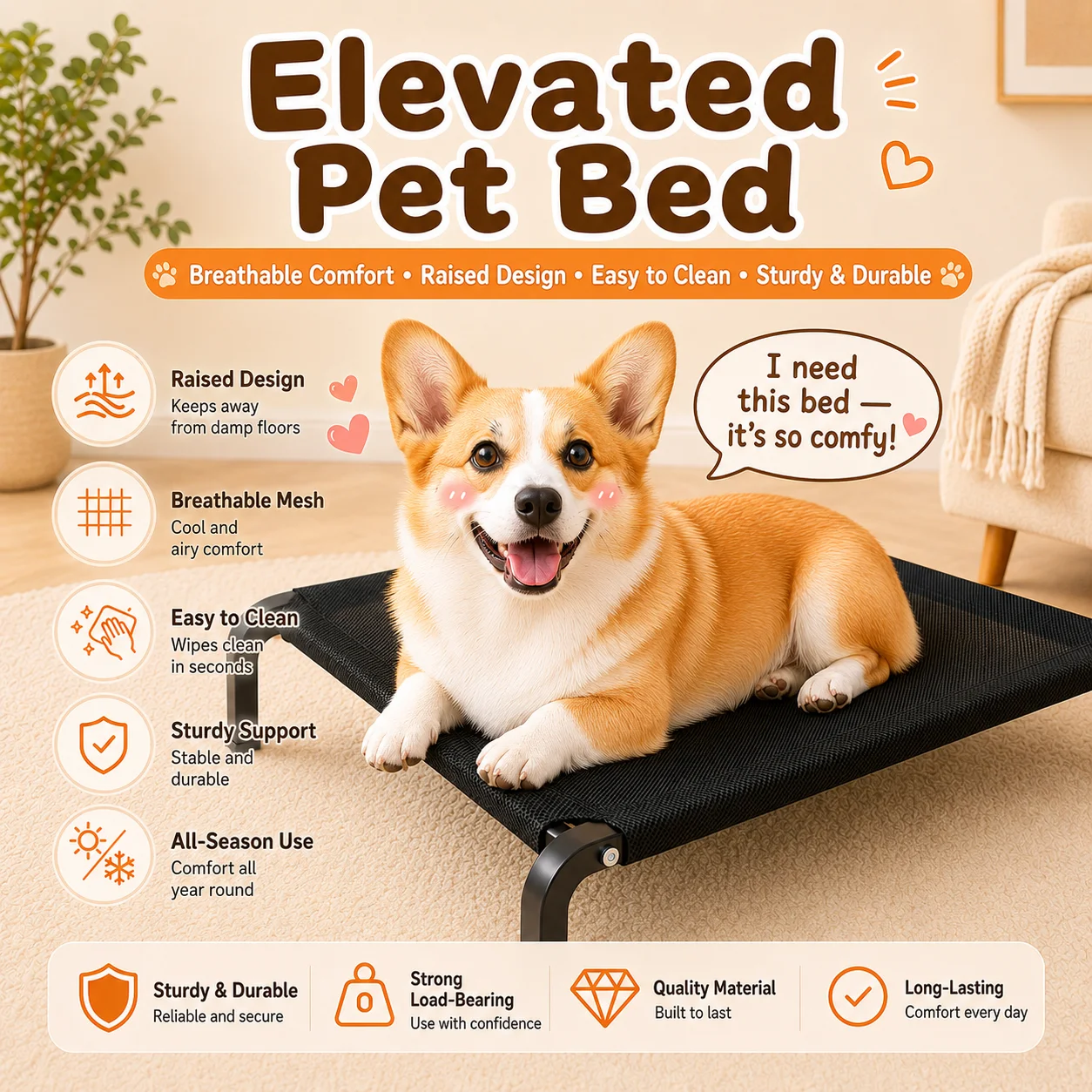 Erhöhtes Haustierbett für Hunde, Waschbares Hundebett für Kleine, Mittlere, Große & XL Welpen, Atmungsaktives Netz-Hundebett