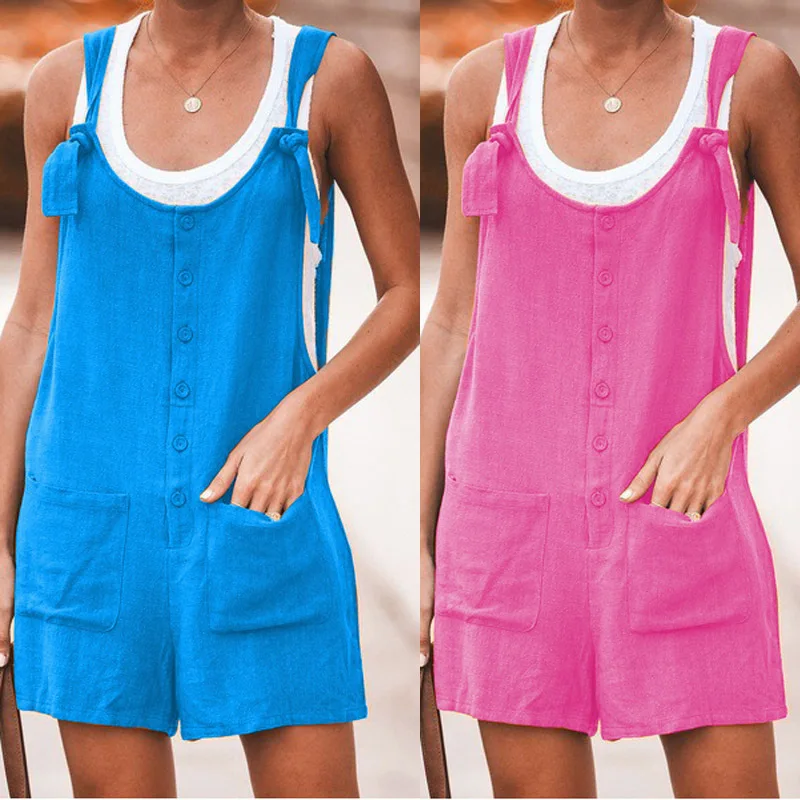 New Women Rompers Summer Casual Loose Sleeveless Jumpsuit Solid Button Pocket Suspenders Bib Short Pants Wide Leg Playsuits 2023
