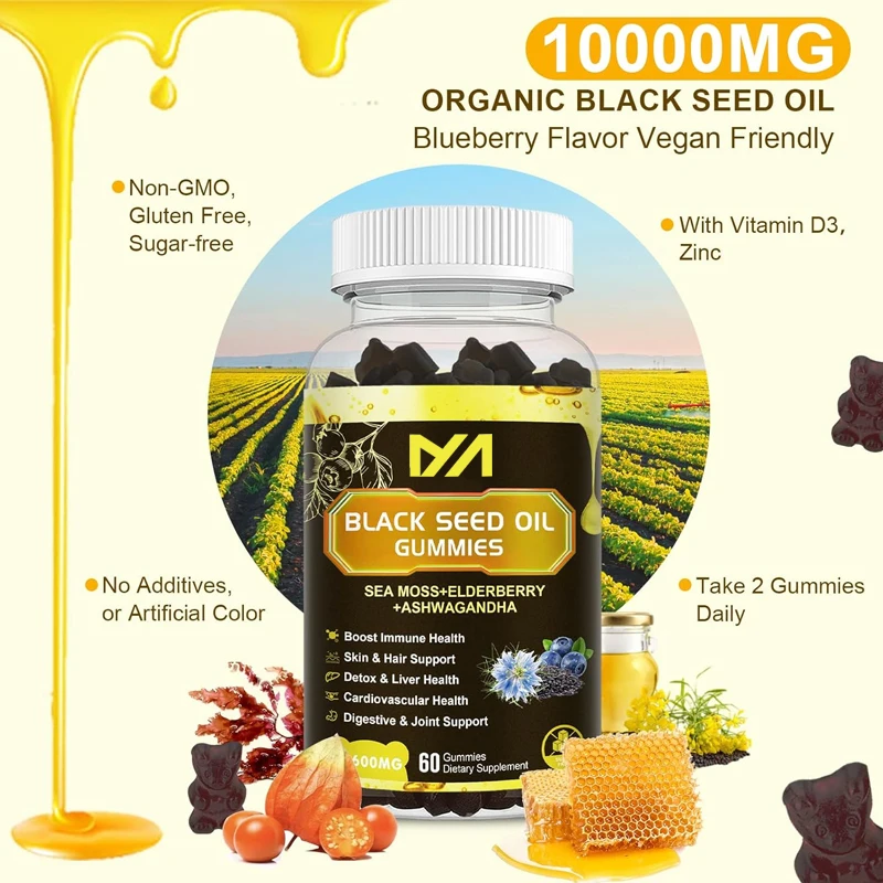 

Black seed oil and seaweed gummies, containing black seed oil, South African eggplant extract, vitamin C D3- immune support