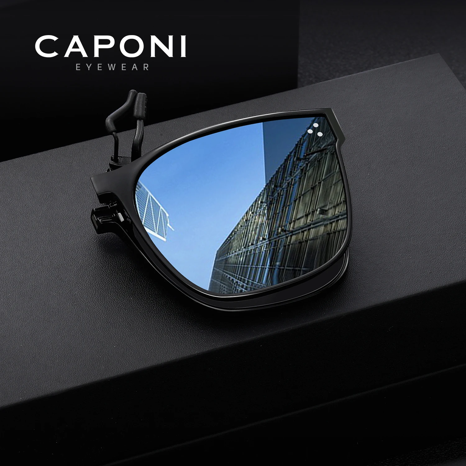 CAPONI New Men Sunglasses Foldable Polarized Clip Easy Flipped Up Glasses Clip UV400 Protect Eyes Light Clip On Frame CP35023