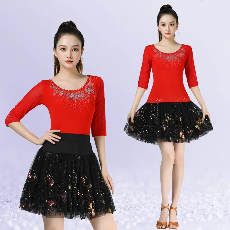 

Square Dance Modern Dance Clothes New Women's Butterfly Diamond Red Round Neck 3/4 Sleeves Latin Dance Clothes Gitba Clothes