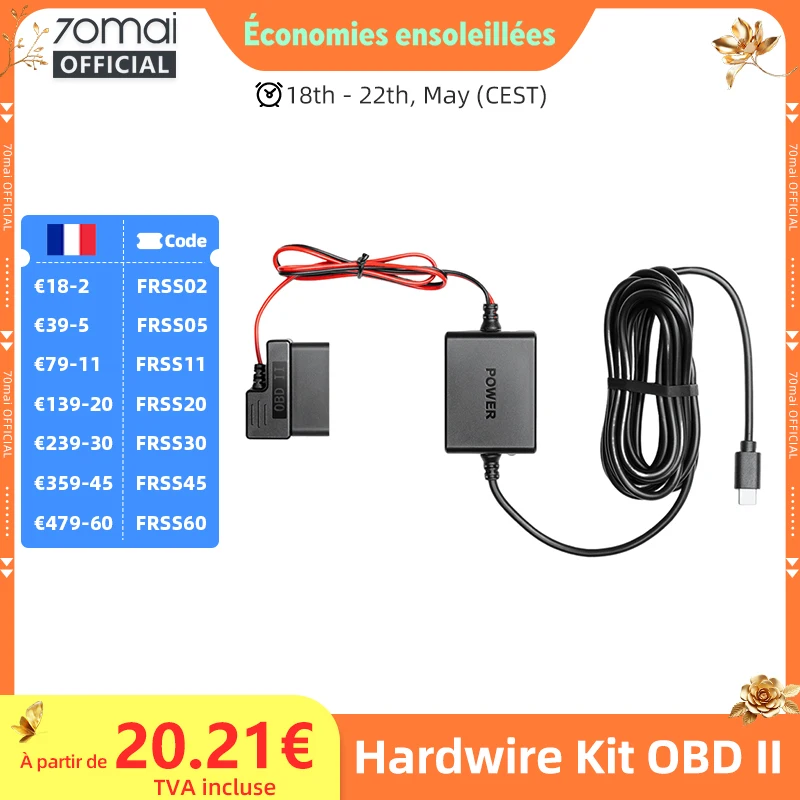 Kit de câblage rigide réglable 70mai OBD II Interface Type-C Plug & Play Kit OBD 70mai Surveillance de stationnement 24H pour caméras embarquées 70mai