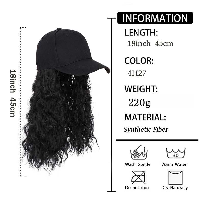 18 インチ合成ロングウェーブカーリー野球帽ヘアエクステンション調節可能なブラックブロンド Hairpece 帽子かつら女性のための