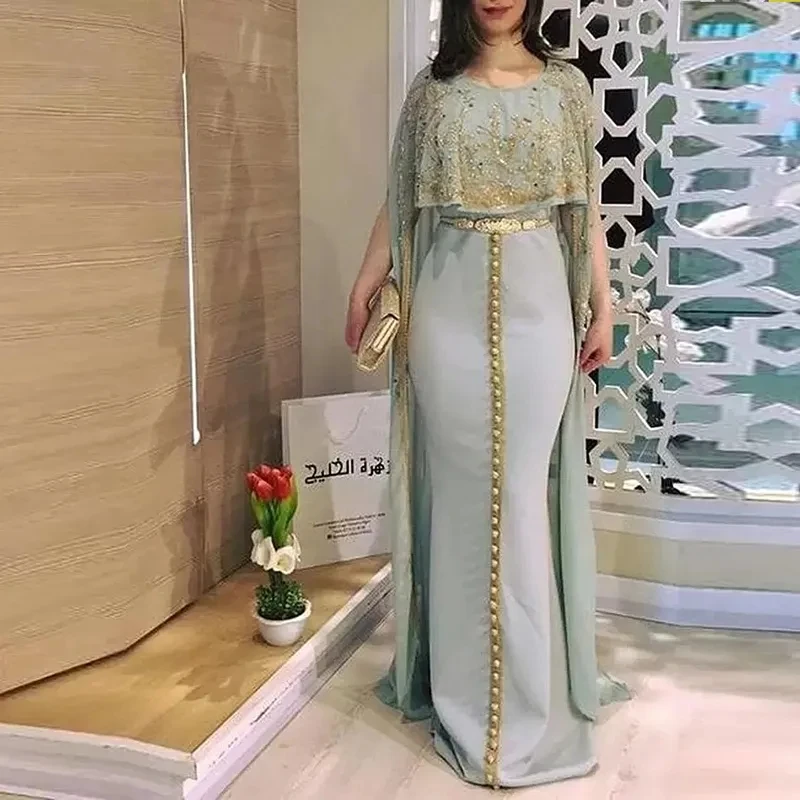 Moroccan Kaftan Muslim Evening Dresses Mermaid Sheer Floor Length Appliques Beaded Dubai Arabic Turkey Caftan Islamic Gown