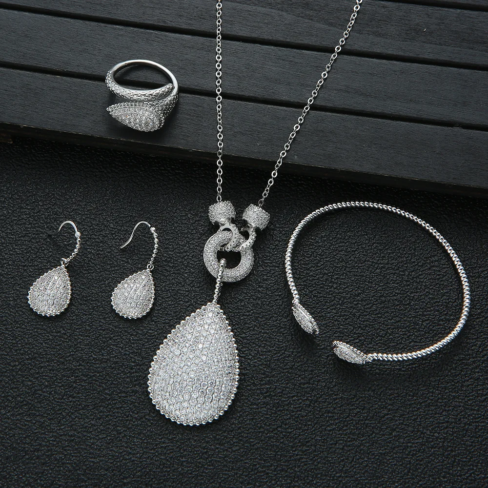 Classic water drop pendant Jewelry Sets for Women Luxury shiny Necklace Earrings ring bangle Wedding Dress Bridal Jewelry 4PCS