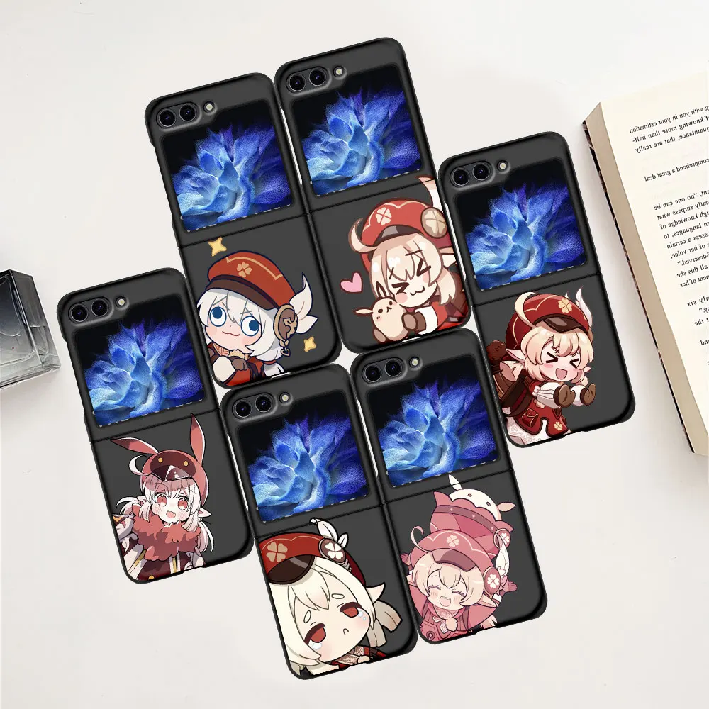 Genshin Impact Cute Case for Samsung Galaxy Z Flip6 Flip5 Black Phone Cover Z Flip 6 5 Hard Coque Zflip6 Zflip5 Cartoon PC Shell