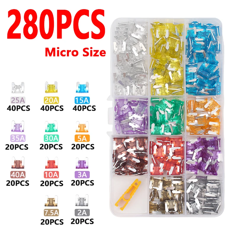 280 Stück Mikro-Mini-Sicherungen + Sicherungsentferner, Mini-Flachstecksicherungen Standardtyp, speziell für Kleinwagen, Sicherheitsschutz für Stromkreise, Multi-Ampere-Sortiment (2A-40A) - All-in-One-Autosicherungssatz – Detail 1