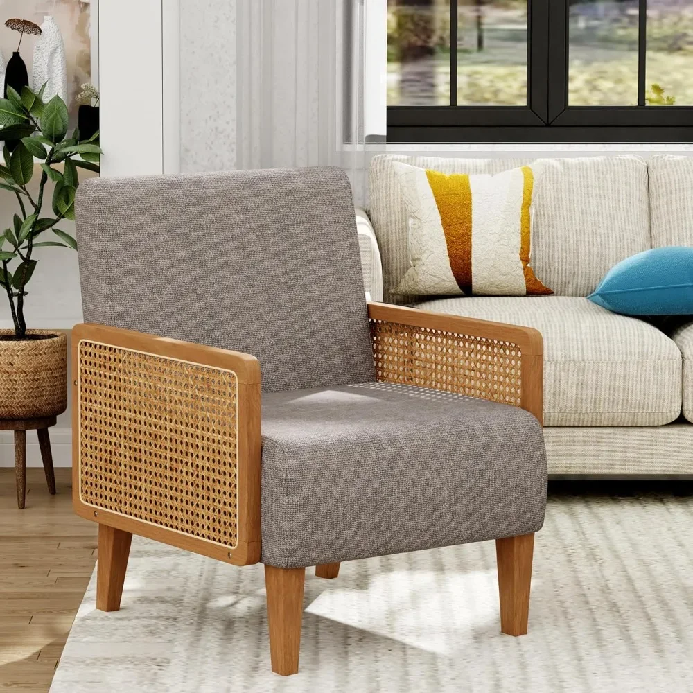 

Accent Chair Mid Century Modern Living Room Chairs with Natural Rattan Oak Wood Upholstered Armchair Linen Leisure Side Chairs