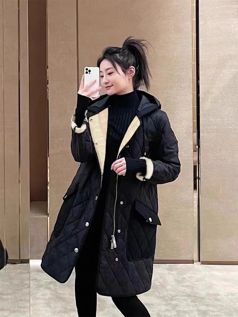 

Новинка осенне-зимнего сезона: Женское повседневное классическое пальто с капюшоном в британском стиле, с ромбовидным узором, длинное, хлопковое, BAOTEBERRY