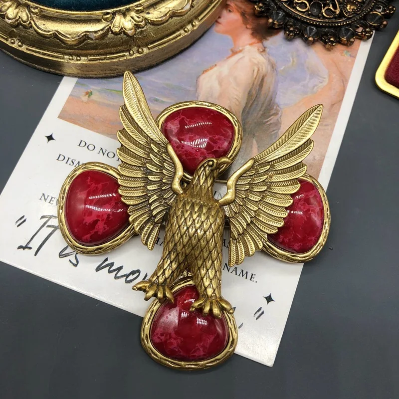 2026 Retro Eagle Relief Brooch European American Fashion Jewelry Red Stone Inlaid Exquisite Pin for Women