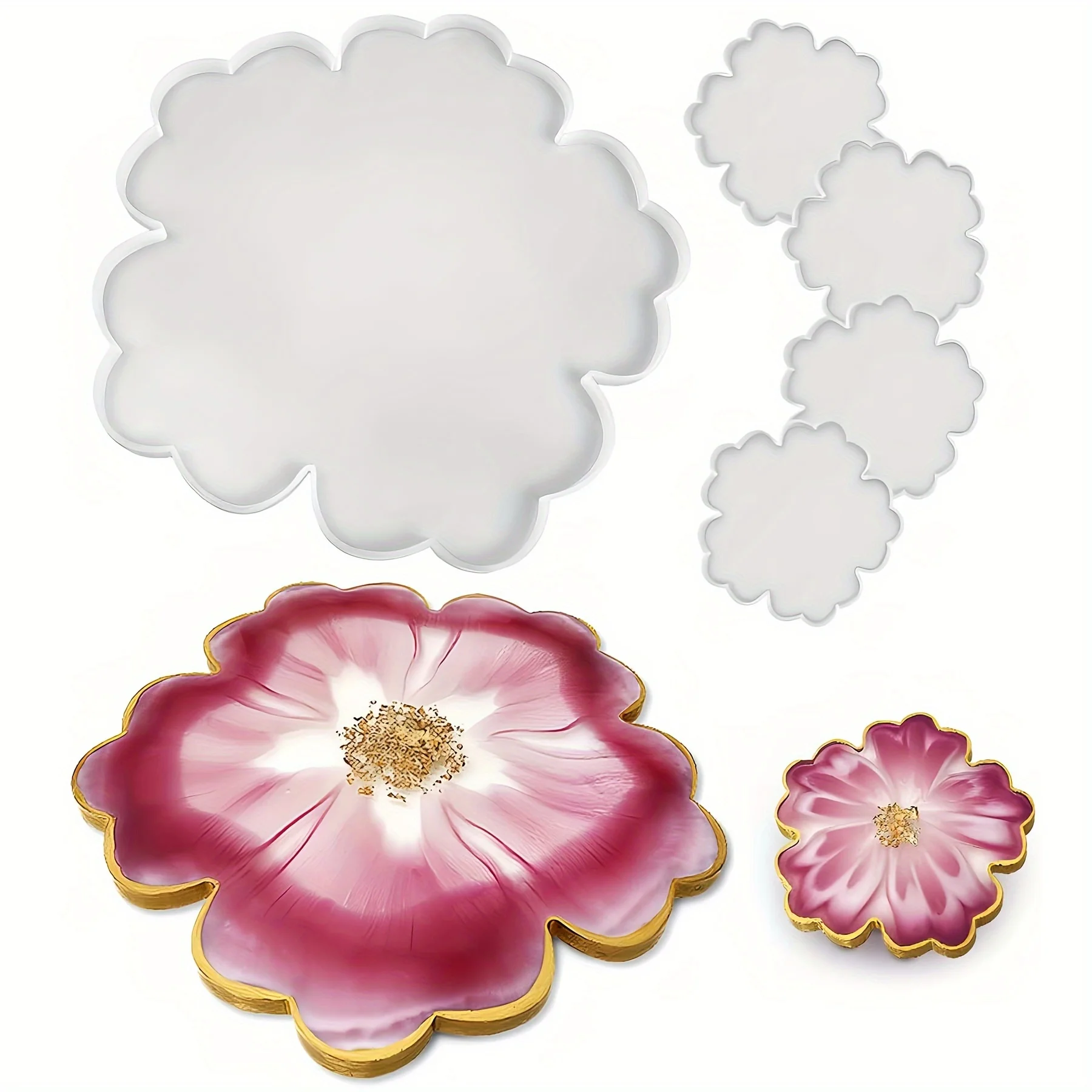 قالب صينية زهور كبير مقاس 13 بوصة + 4 قطع 4 قطع قالب سيليكون بفتحة كريستال على شكل زهرة، مجموعة كوستر، ديكور منزلي #1