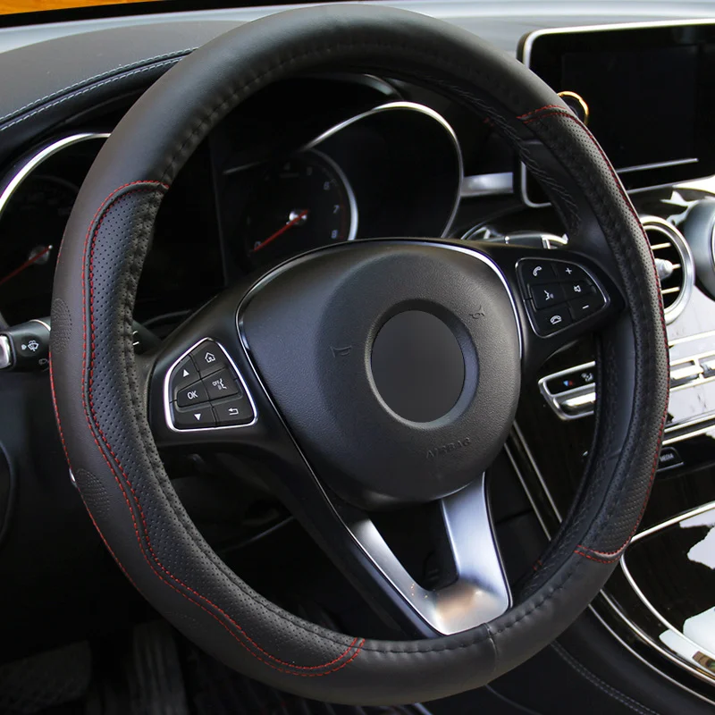 38cm PU Fiber Leather Steering Wheel Cover Embossed Style round Car Decorations Accessory with Inner Ring for All Seasons