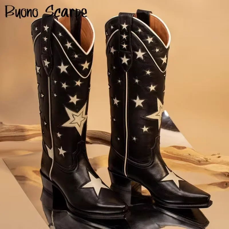 Embroidery Western Cowboy Boots Women Chunky Heel Platform Pointed Toe Knee High Shoes Mujer Knight Boots Casual All Match New