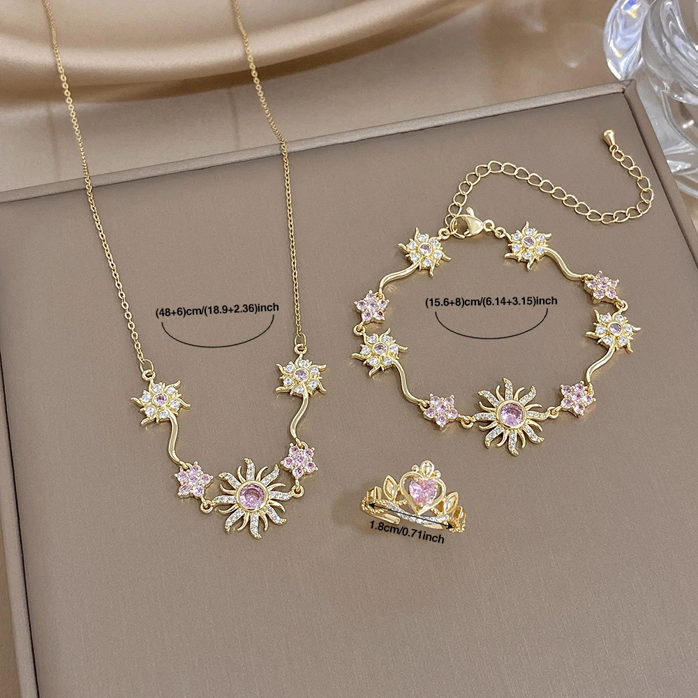 1 Set AENSOA Damen Schmuckset aus Kupfermaterial, Armband, Halskette und Ringe, zierliche Zirkon-Handkette, klassisches romantisches Schmuckgeschenk – Detail 7