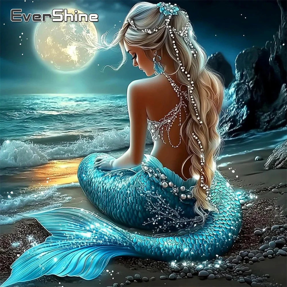 Evershine Diamond Mosaic Girl Painting Portrait 5D DIY Full Drill Embroidery Seaside Rhinestones Picture Art Moon Handmade Gift