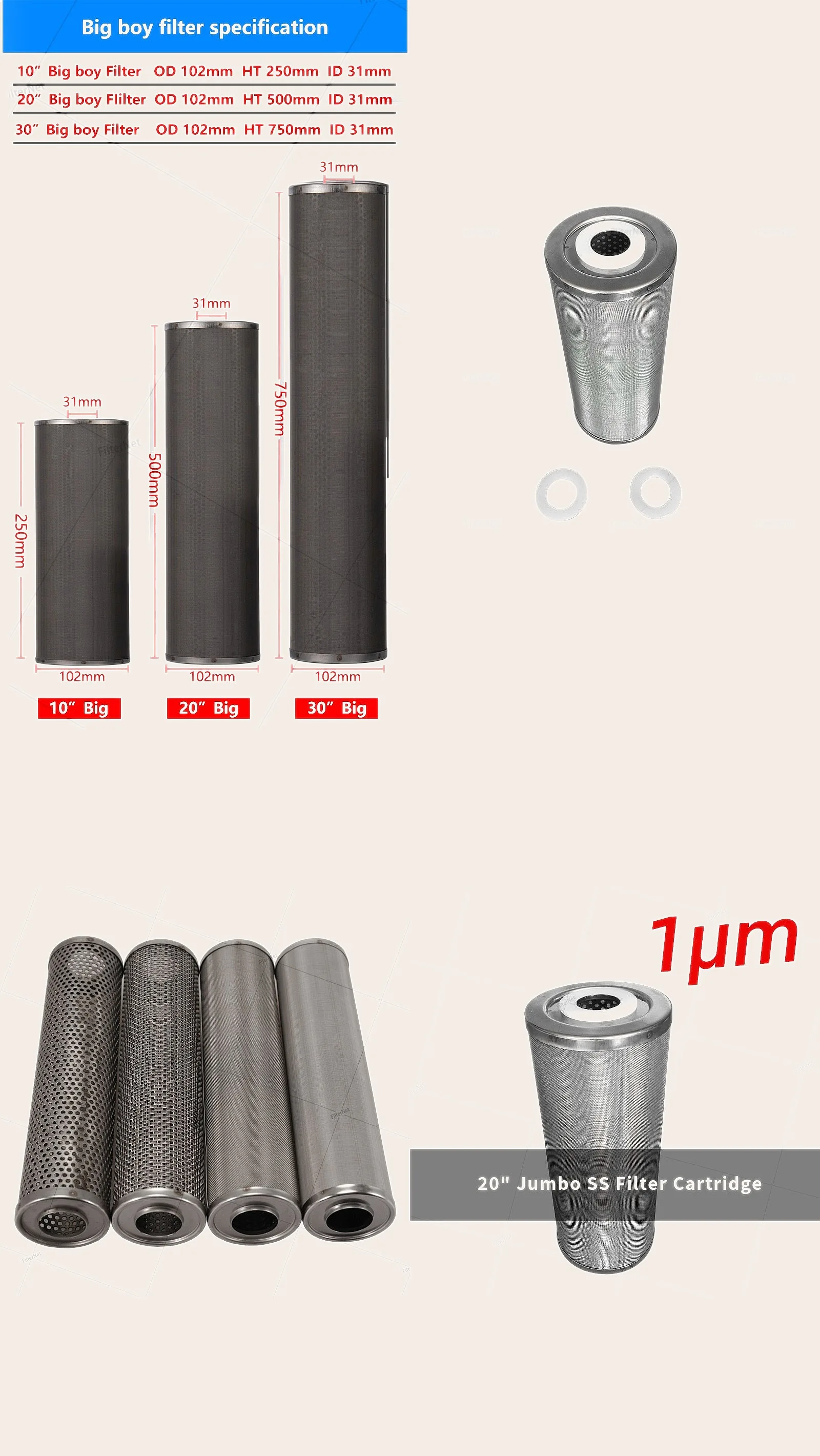 Запчасти для фильтров для воды: картридж из нержавеющей стали Jumbo Standard 20x4.5 дюймов, 1-400 микрон
