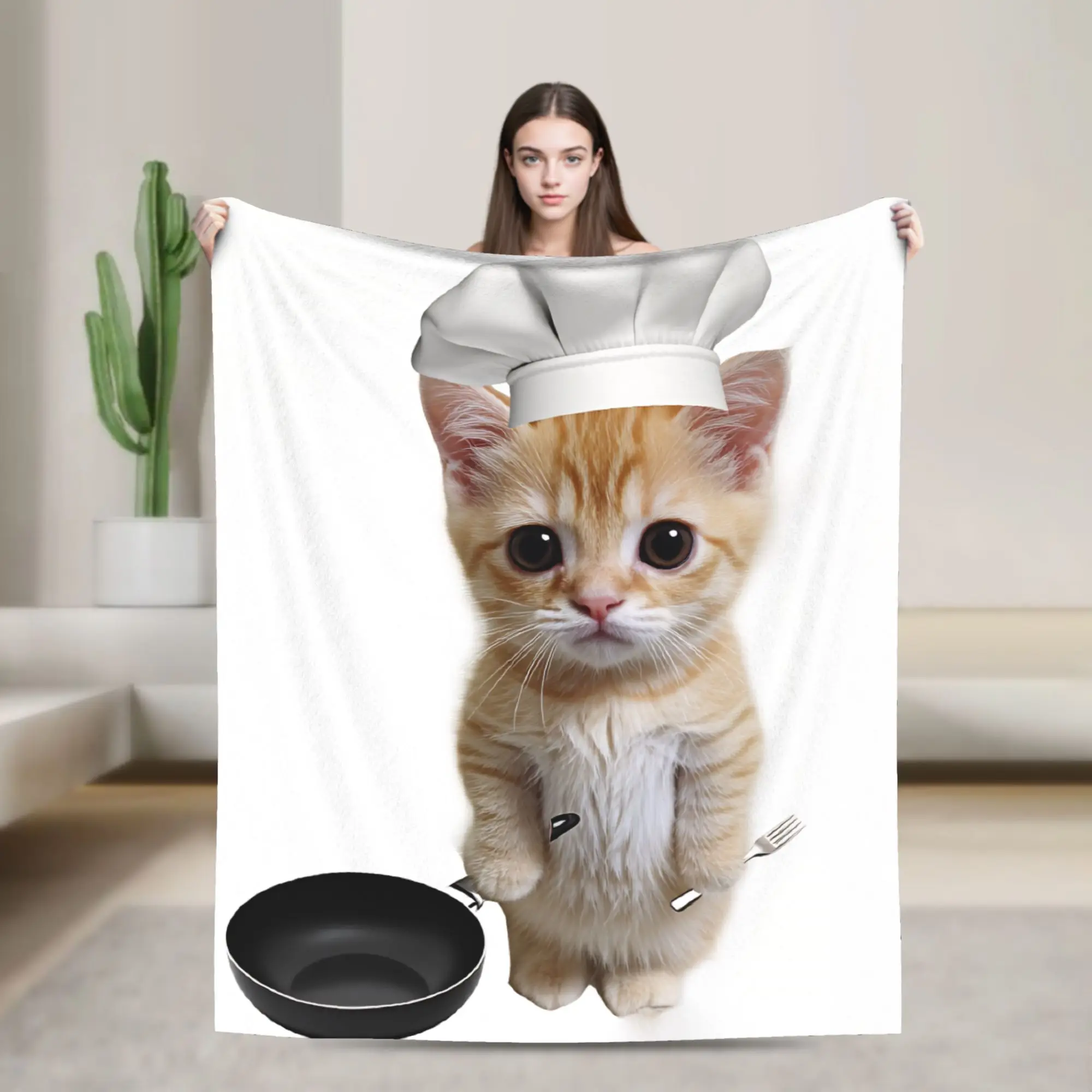 Funny Cooking Kitten Warm Soft Blanket  Aesthetic Travel Car Bedding Throws Outdoor Flannel Bedspread Sofa Bed Cover