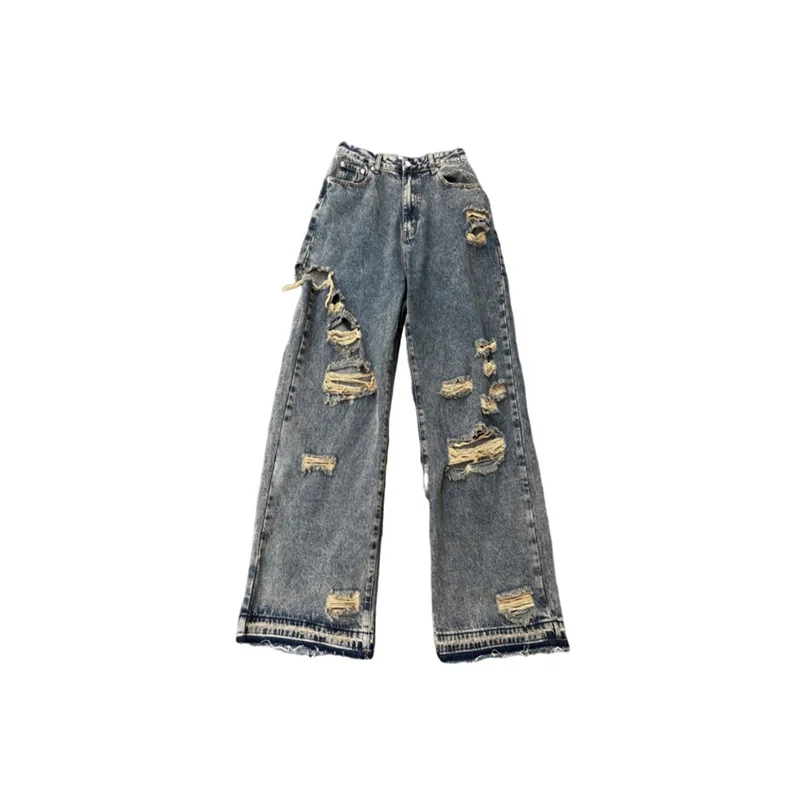 Ripped jeans for women personality street trend old washed high waist jeans retro hip hop couple casual pants Harajuku y2k pants